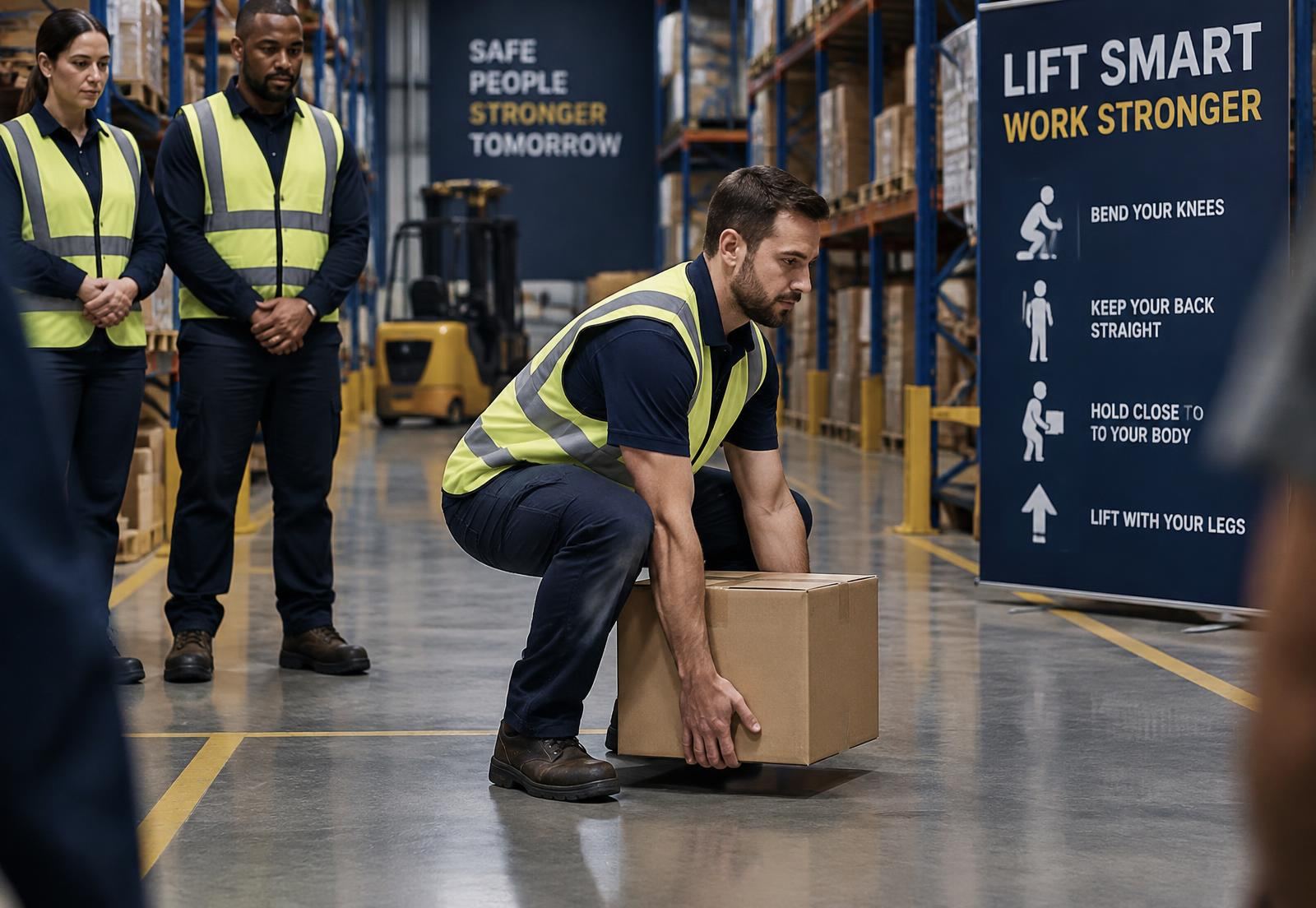 Warehouse worker in Ireland demonstrating correct squat lifting technique with a box